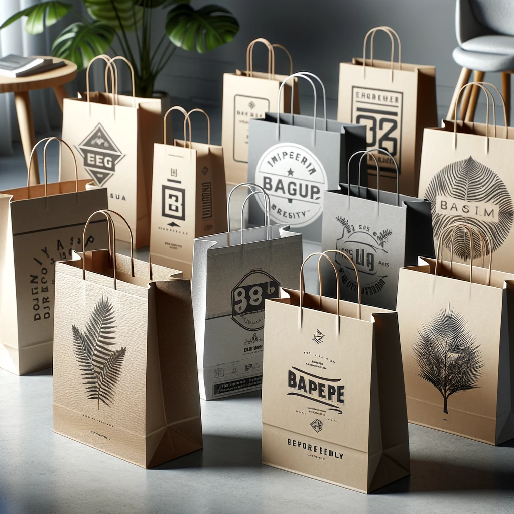 Różne modele toreb papierowych z logo w nowoczesnym sklepie, podkreślające styl i ekologię.